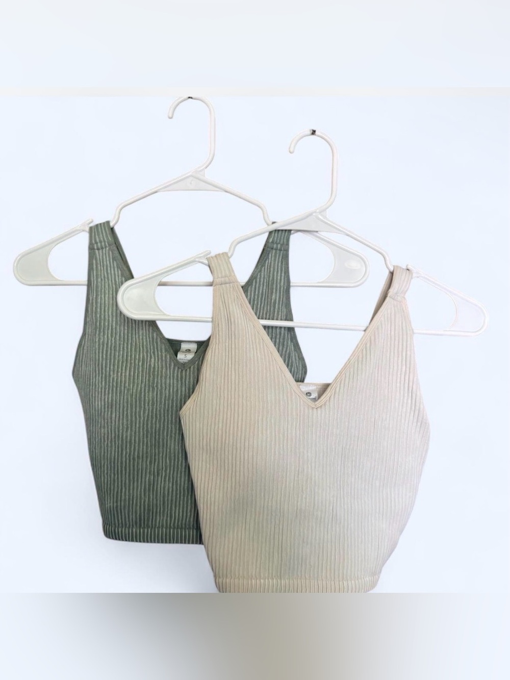 90 Degree By Reflex Ribbed V-Neck Crop Tops - Beige & Olive (2 pk.) - Small -NWT